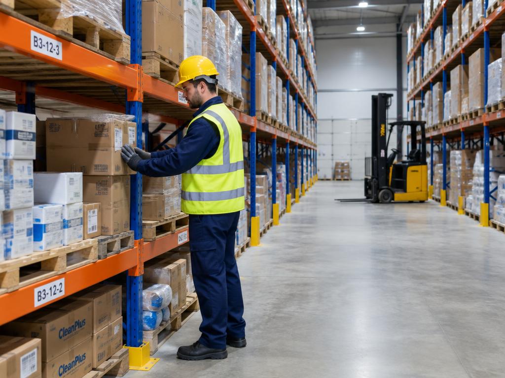 Operario uniformado organizando mercadería en racks de almacén