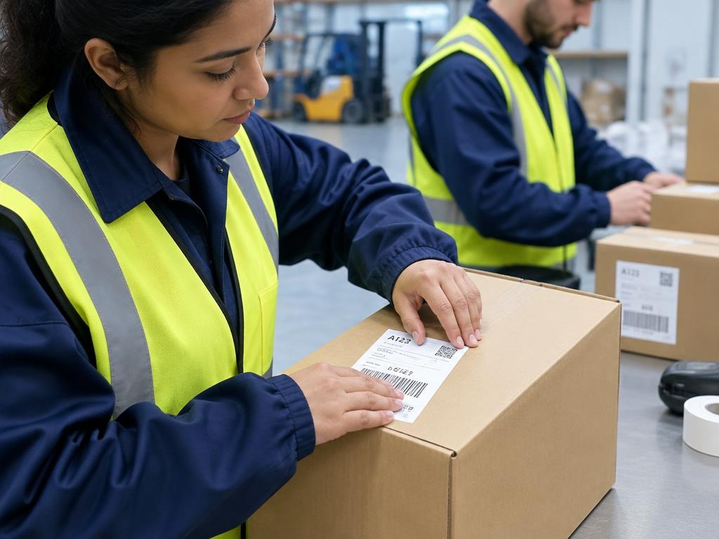 Personal uniformado colocando etiquetas en cajas de mercadería